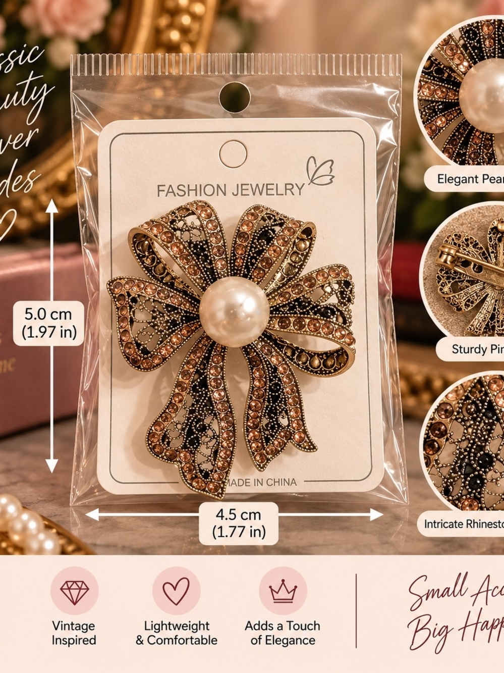 Fashion Jewelry Gold-Tone Ribbon Brooch with Pearl and Brown-Black Rhinestones